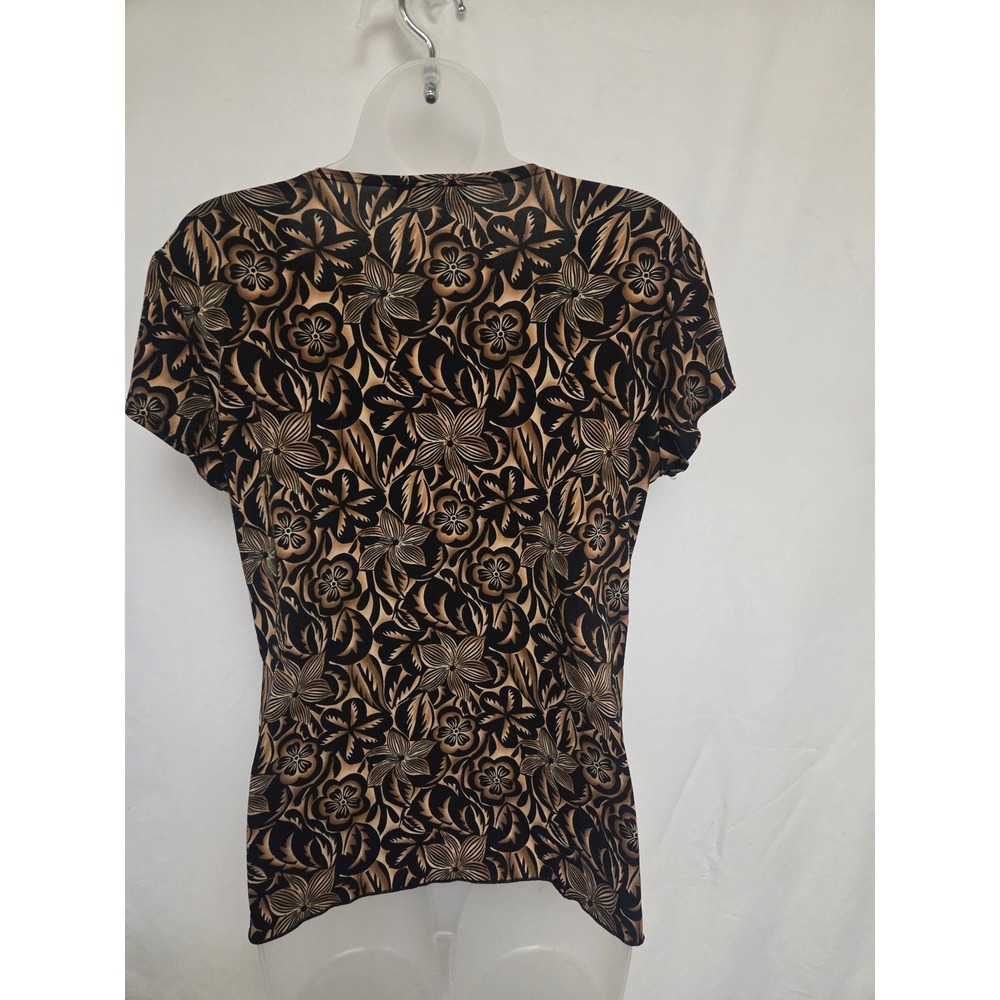 Y2K Womens Tan Black Floral Layered Look V-Neck Short Sleeve Blouse Top Size S - Picture 2 of 5